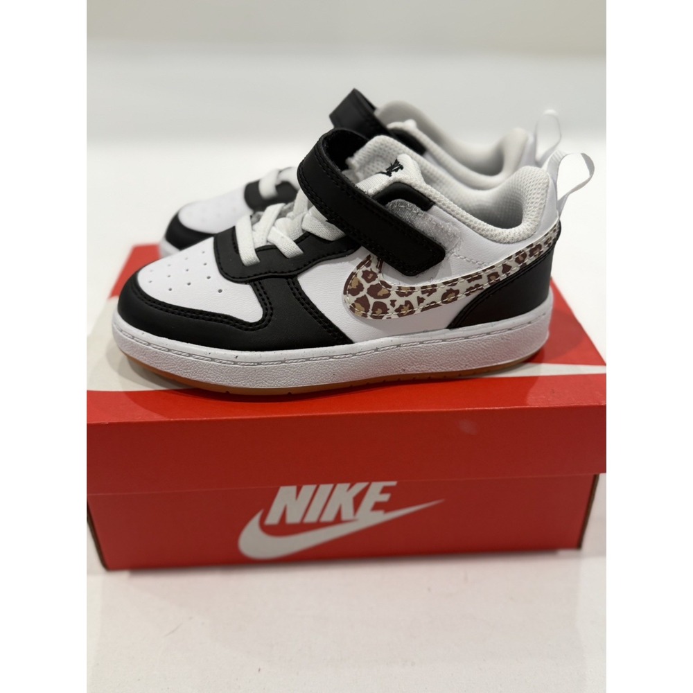 Nike Court Borough Low White Black Cheetah Toddler 9C  Little Girl Strap Shoes